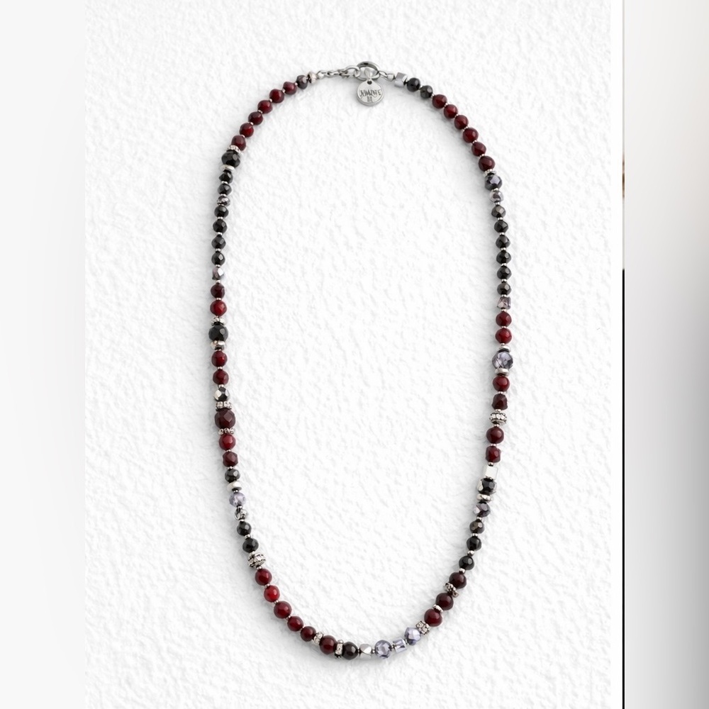 White House Black Market Layered Red Black Silver Beaded Necklace
26" Statement